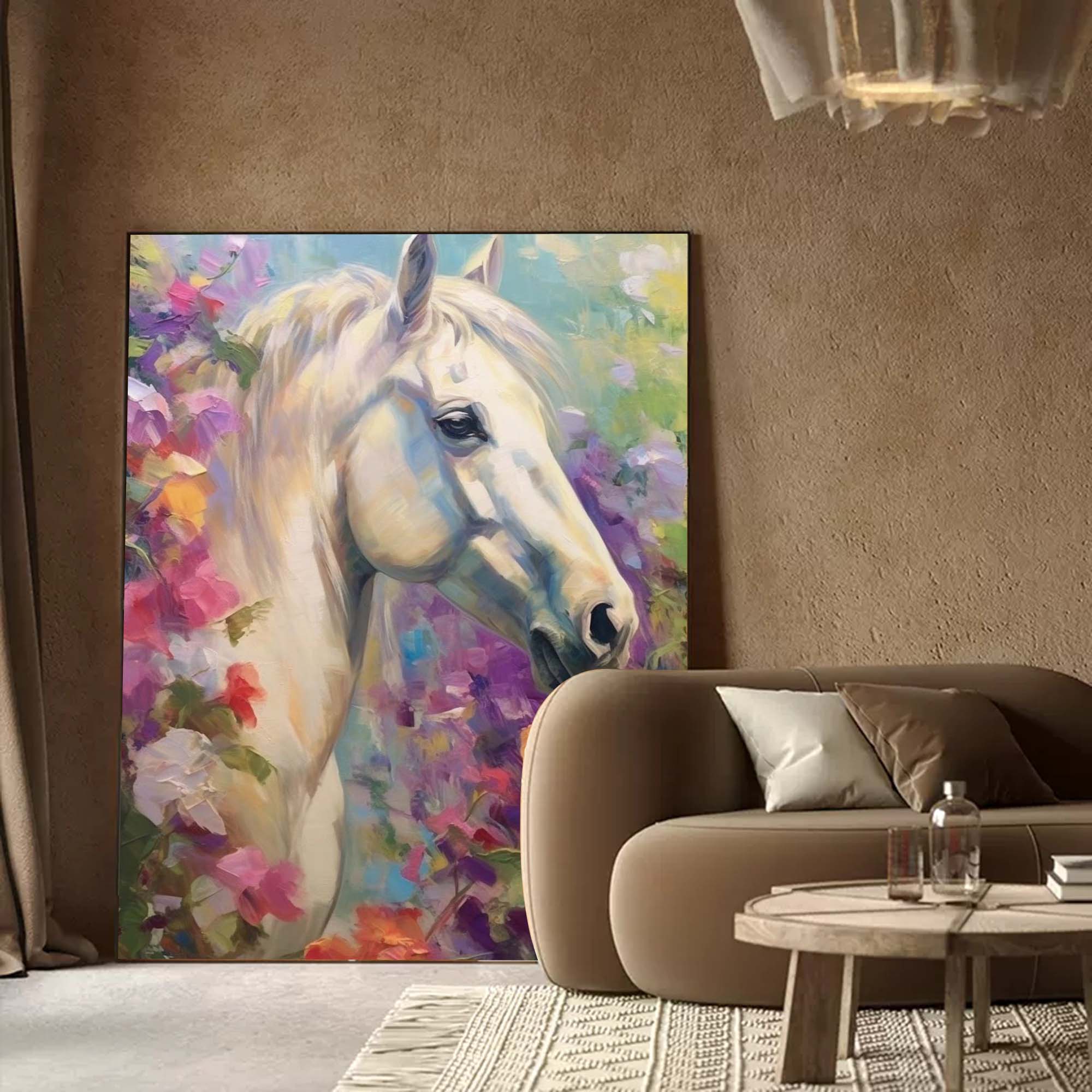 Graceful White Horse in Floral Harmony