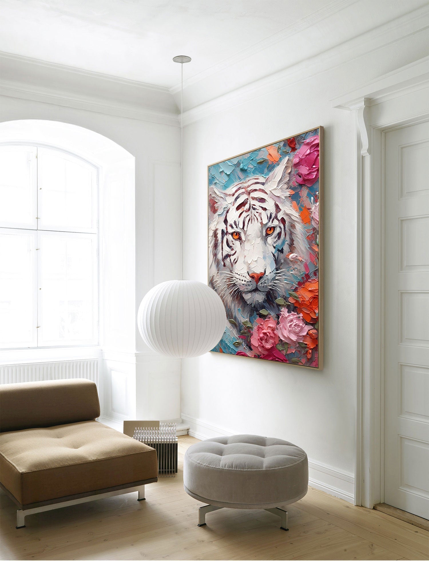 White Tiger in Blossoms: Bold Elegance
