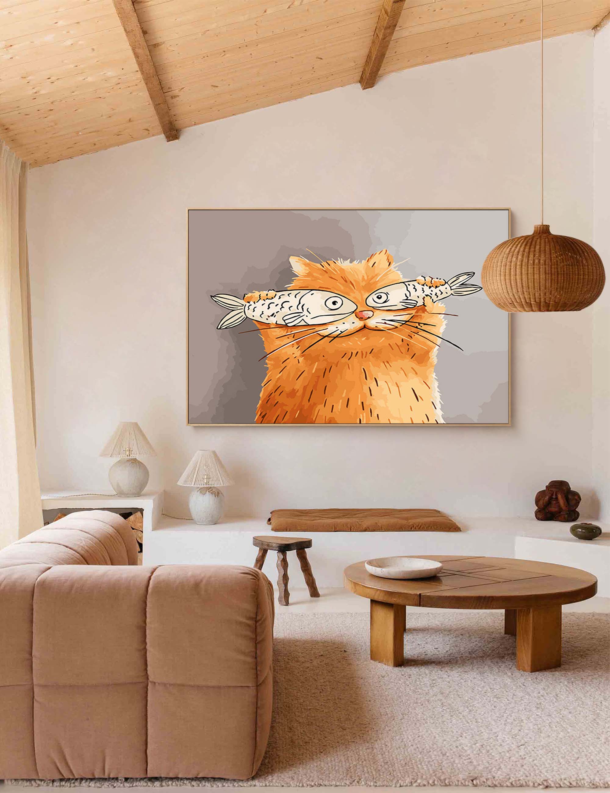 Whimsical Cat with Fish Art Print