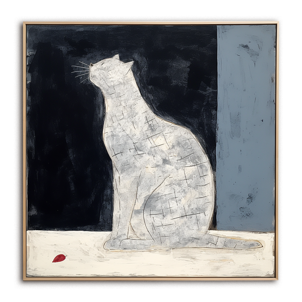Wabi - Sabi Style Hand - Painted White Cat Art Painting - Unique Home Wall Decor