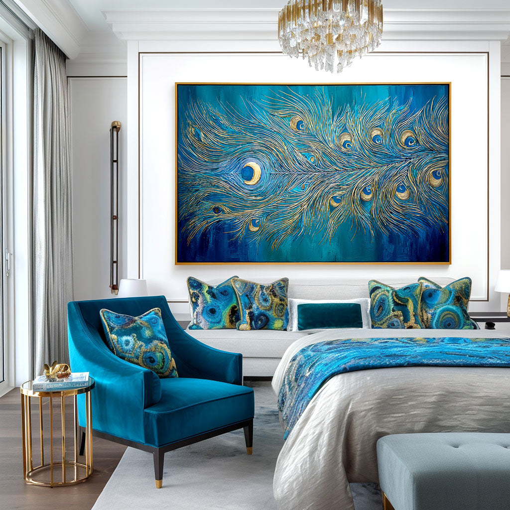 Radiant Feather - Textured Blue and Gold Abstract Oil Painting