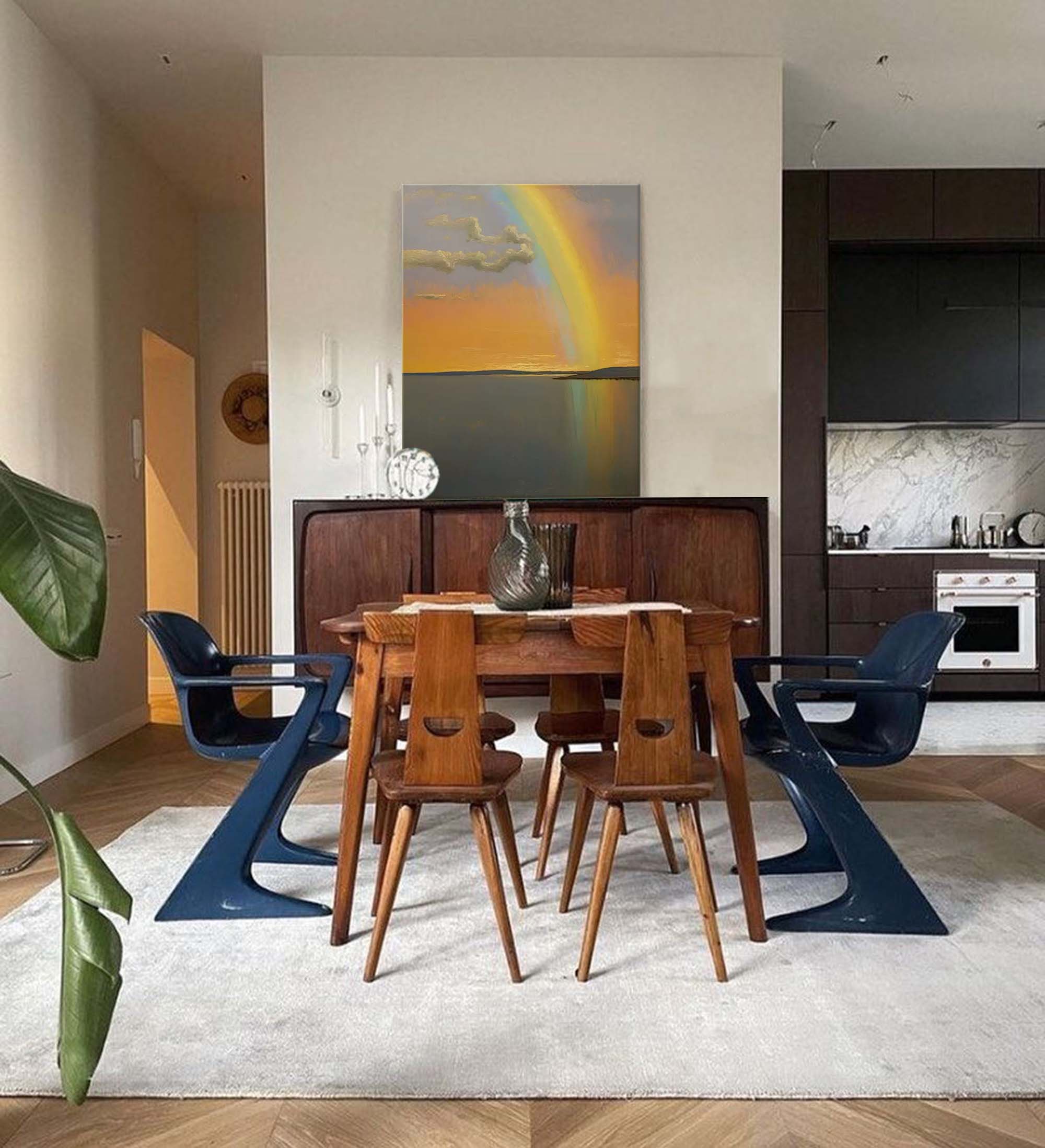 Sunset Rainbow over Tranquil Waters – Serene Landscape Painting