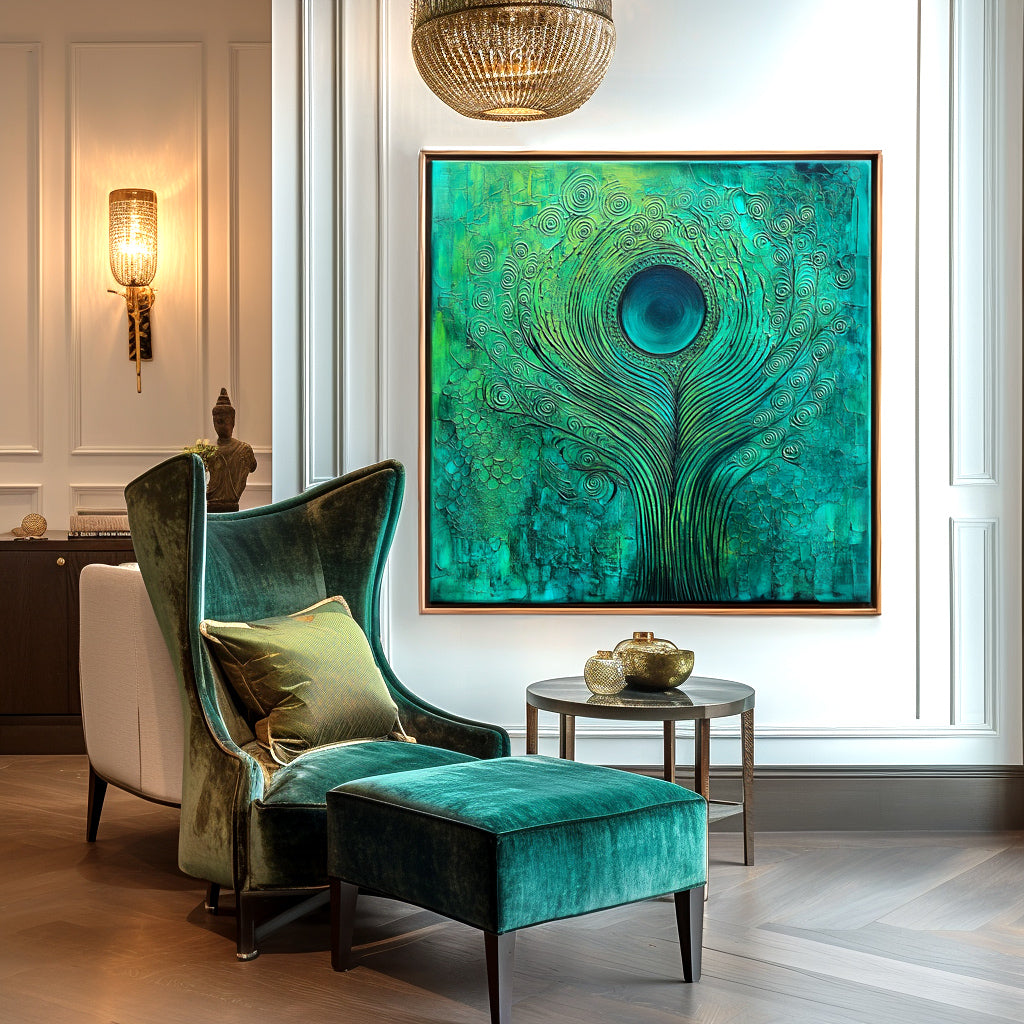 Emerald Pulse - Textured Blue and Green Abstract Feather Oil Painting