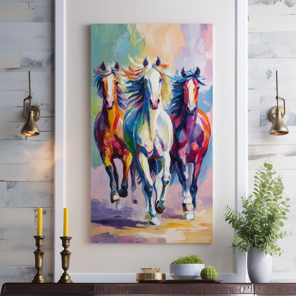 Vertical Colorful Horse Painting – Colorful Running Horses Impressionist Oil Painting, Vibrant Animal Wall Art for Home Decor