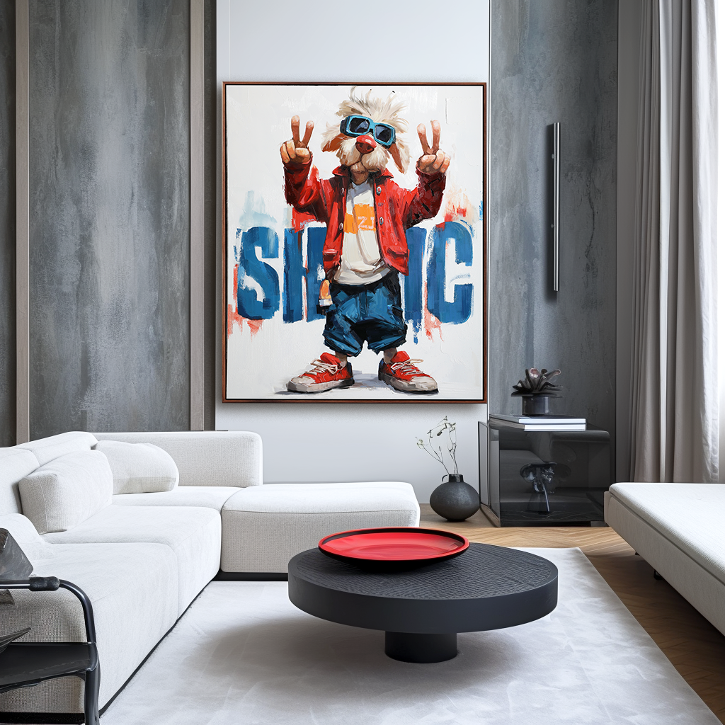 Street Vibes – Abstract Pop Art Dog Oil Painting, Modern Animal Wall Art for Youthful Spaces