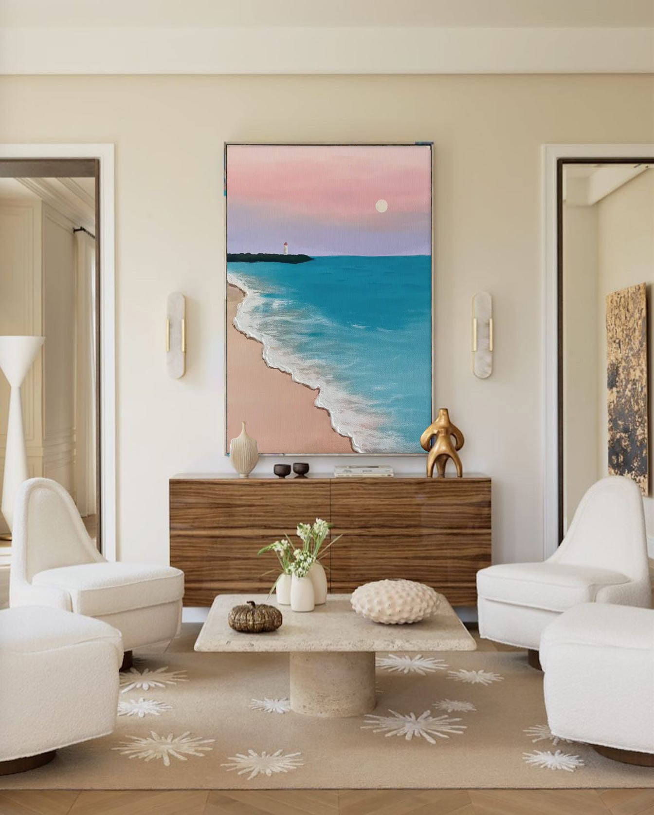 Serene Beach with Lighthouse Sunset