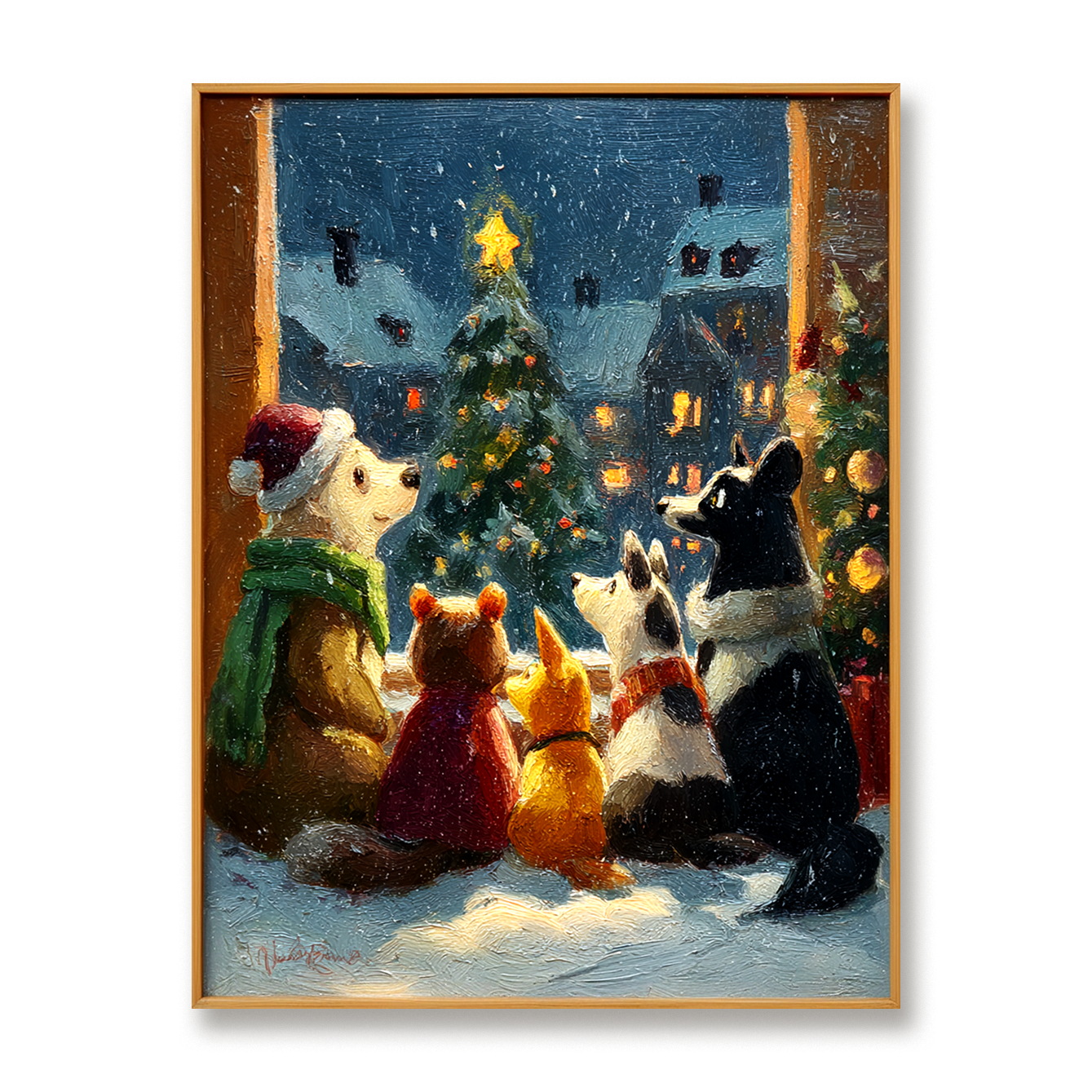 Christmas Companions – Cozy Animal Friends Textured Holiday Oil Painting