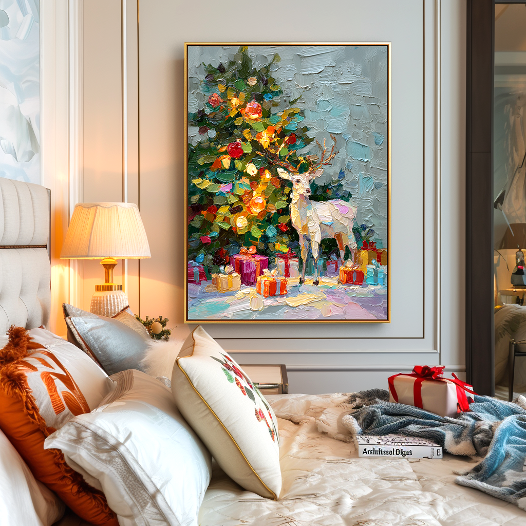 Golden Reindeer – Textured Christmas Tree Oil Painting