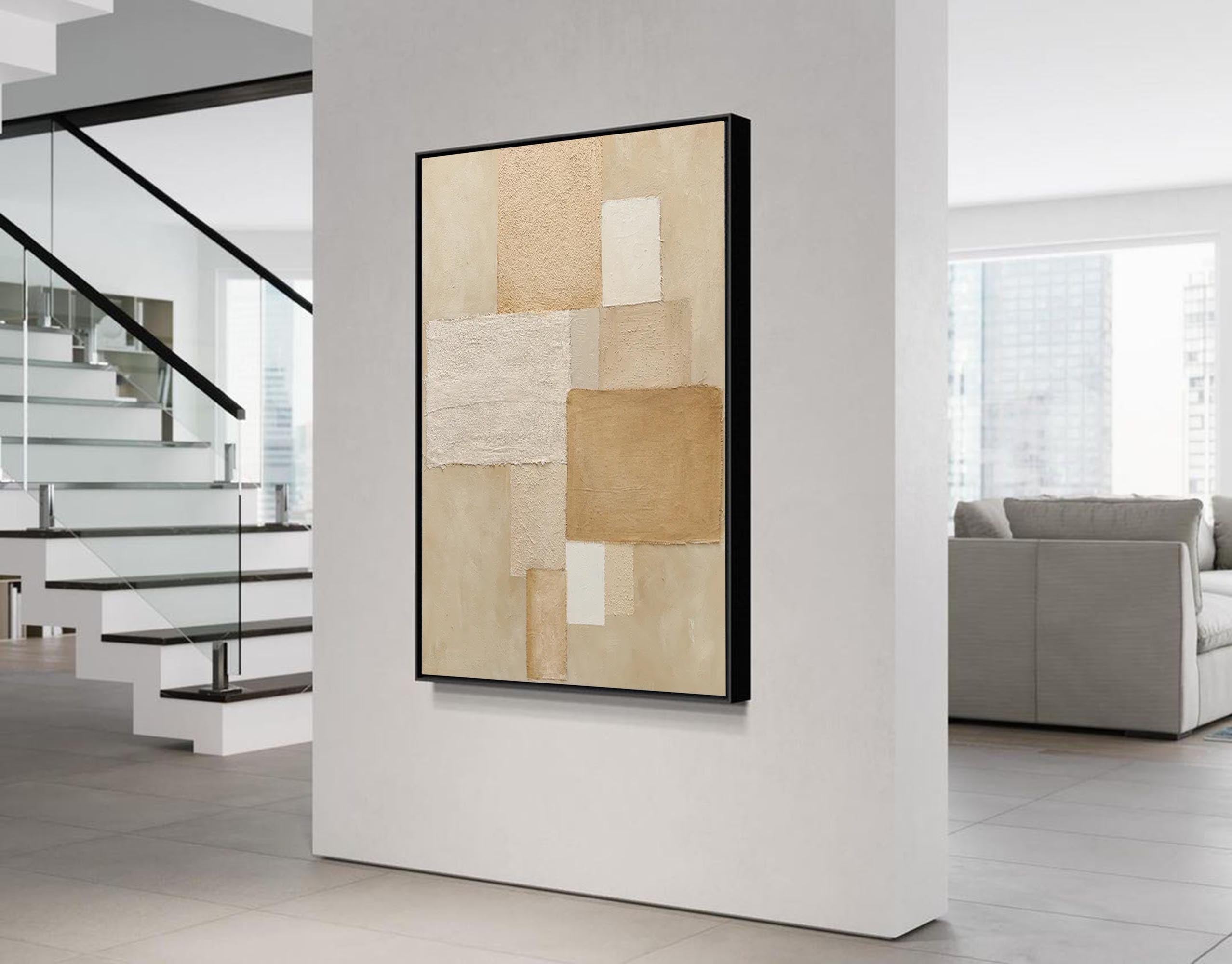 Neutral Geometric Abstract – Textured Beige & Cream Oil Painting on Canvas