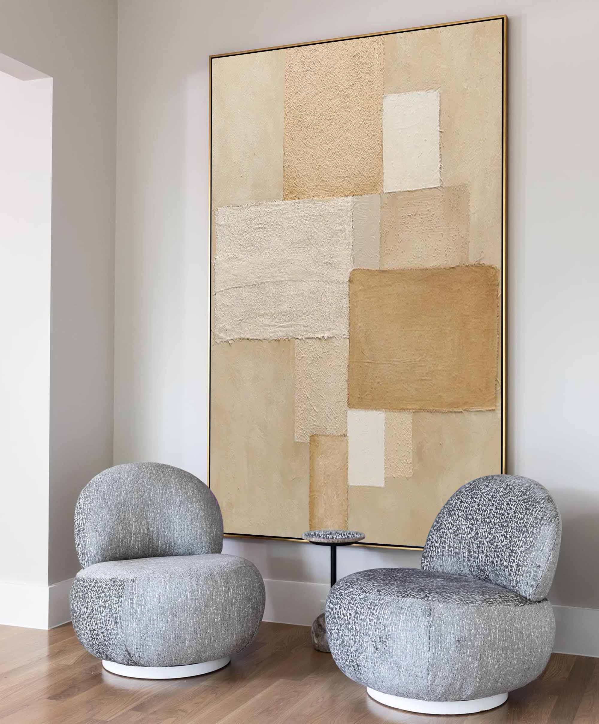 Neutral Geometric Abstract – Textured Beige & Cream Oil Painting on Canvas