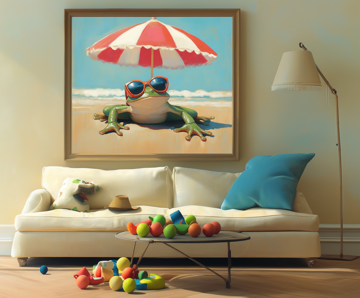 Chill Frog:  Funny Frog on Beach with Sunglasses & Striped Umbrella - Whimsical Coastal Oil Painting, Playful Wall Art for Living Room & Beach-Themed Spaces