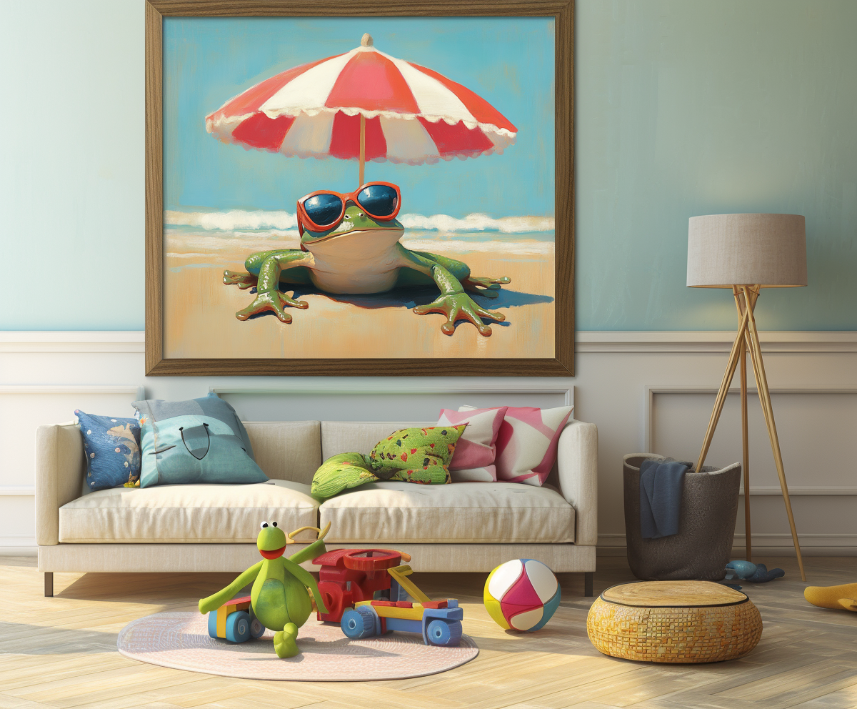 Chill Frog:  Funny Frog on Beach with Sunglasses & Striped Umbrella - Whimsical Coastal Oil Painting, Playful Wall Art for Living Room & Beach-Themed Spaces