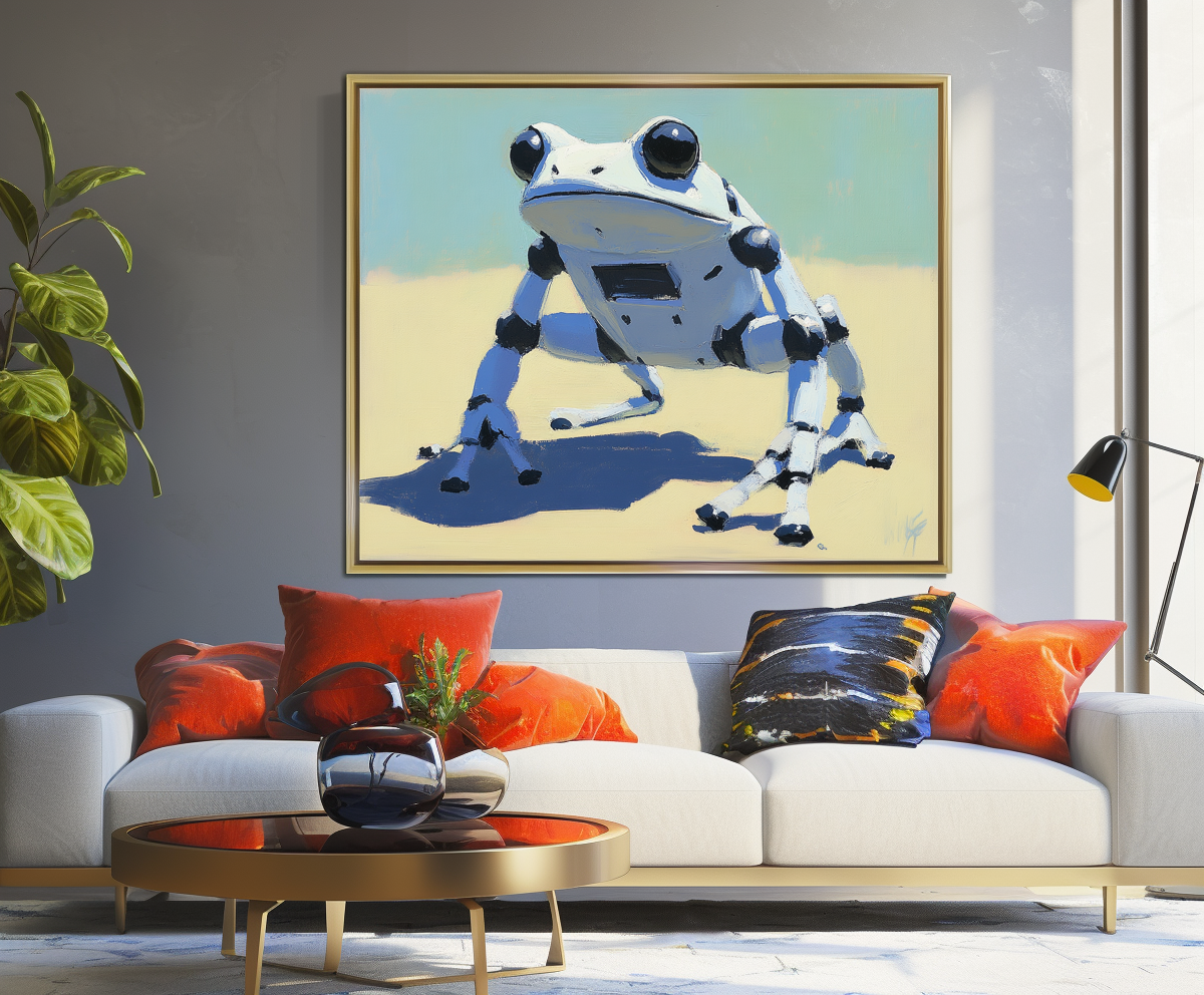 RoboFrog: Futuristic Robot Frog Oil Painting - Whimsical Tech-Inspired Wall Art, Modern Decor for Geeky & Contemporary Homes