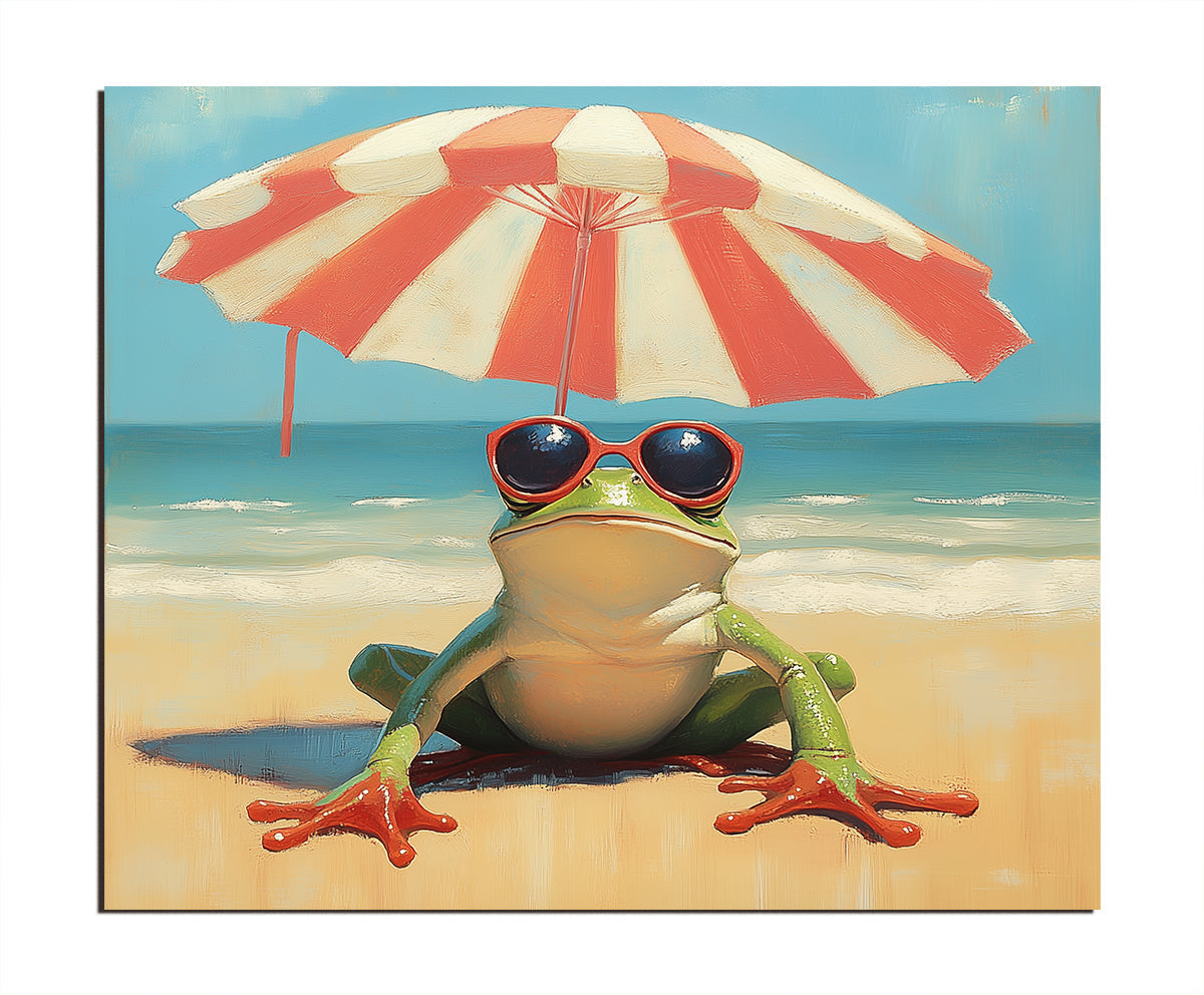 Funny Frog on Beach with Sunglasses & Umbrella - Whimsical Oil Painting, Coastal Wall Art for Living Room & Kids’ Space