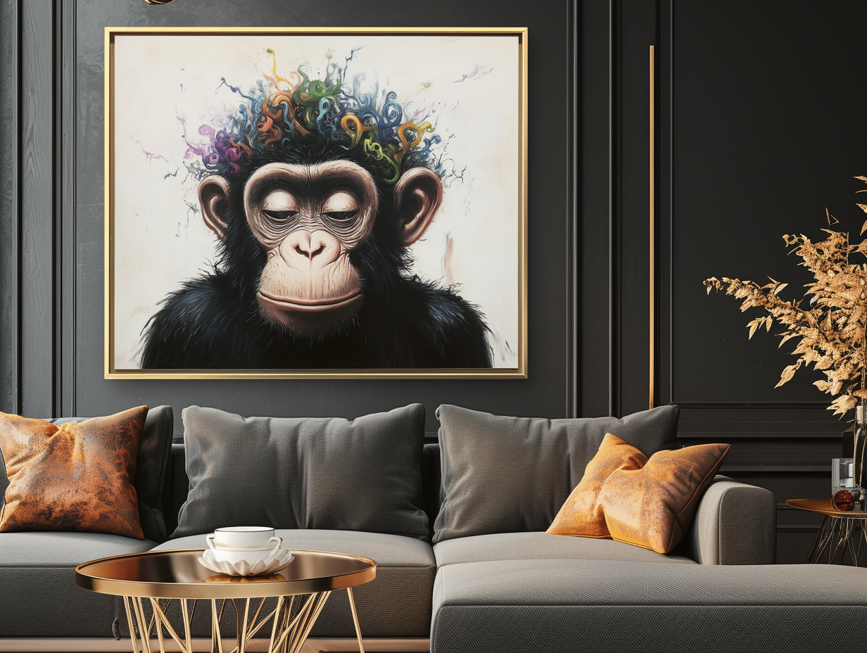 Inner Muse - Whimsical Surreal Chimpanzee Art Print, Colorful Curly Patterns Monkey Painting for Home Decor