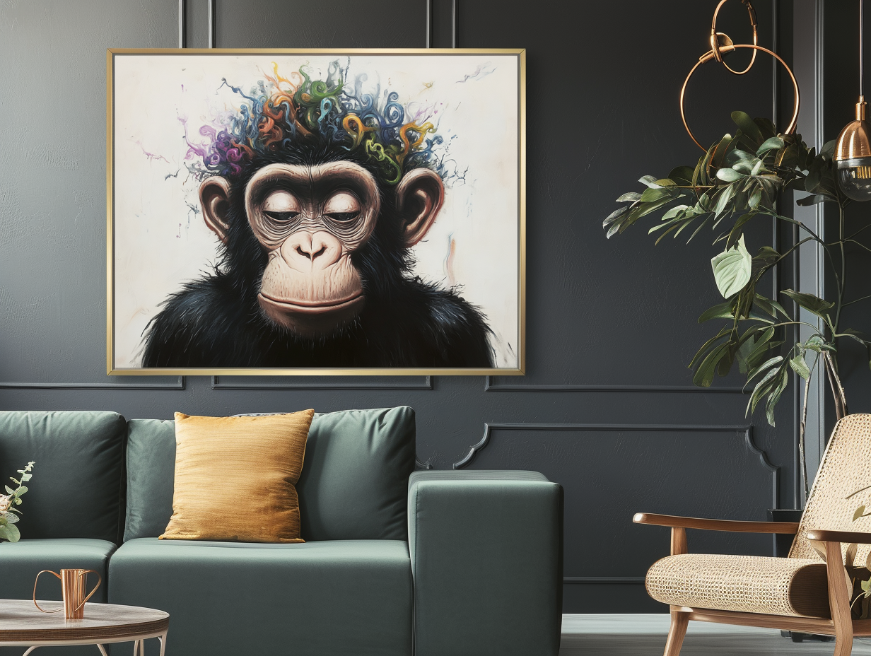 Inner Muse - Whimsical Surreal Chimpanzee Art Print, Colorful Curly Patterns Monkey Painting for Home Decor