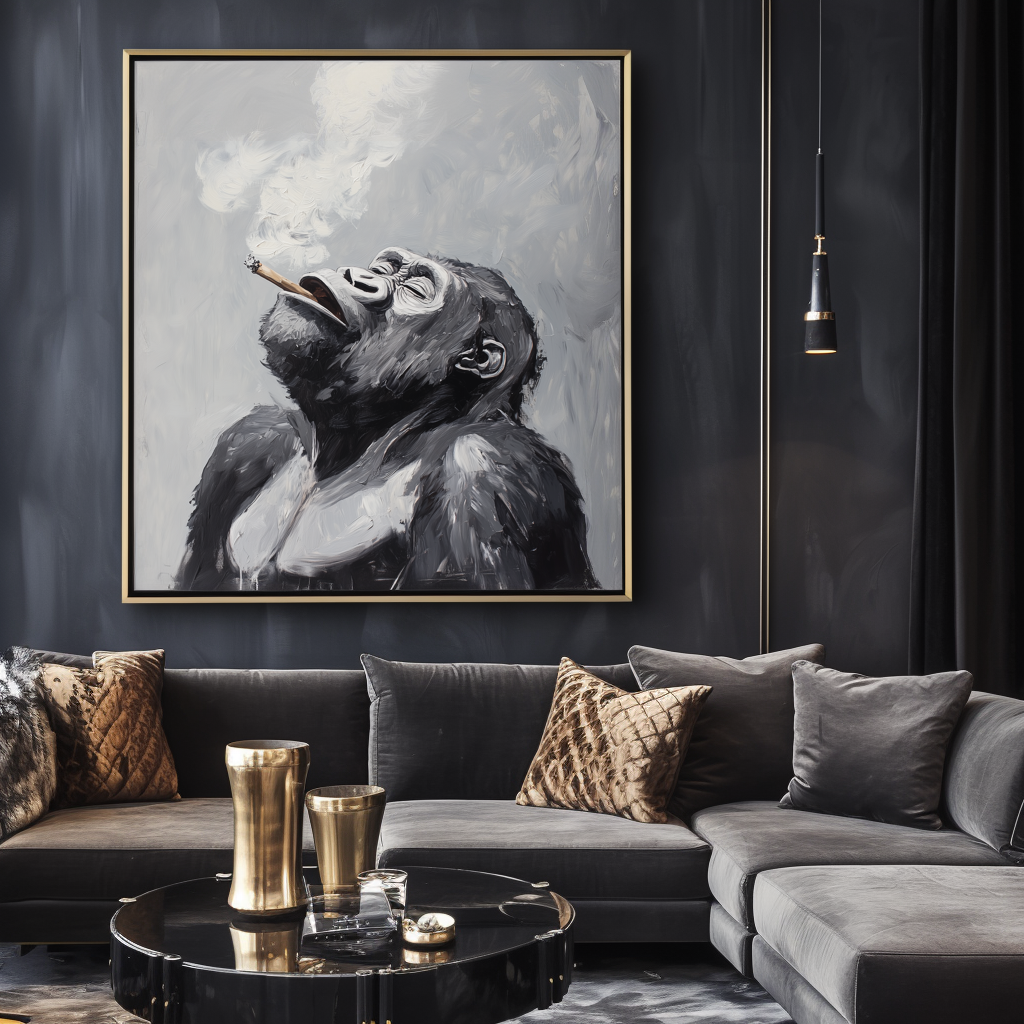 Smoky Reflection - Monochromatic Abstract Gorilla Oil Painting for Modern Interiors