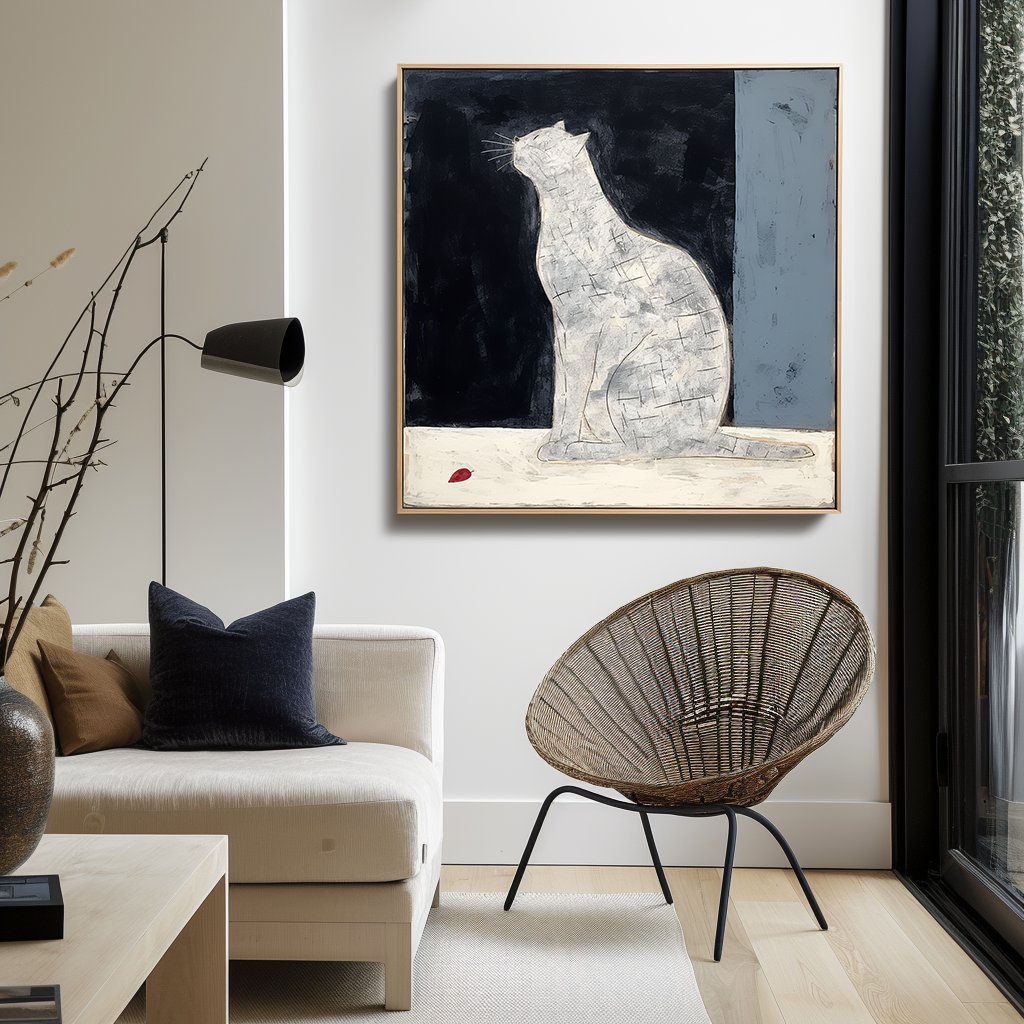 Moonlit Whispers-Unique Wabi-Sabi White Cat Painting - Home Decor Wall Art