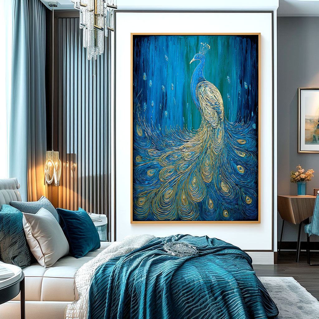 Celestial Grace - Textured Blue and Gold Peacock Oil Painting