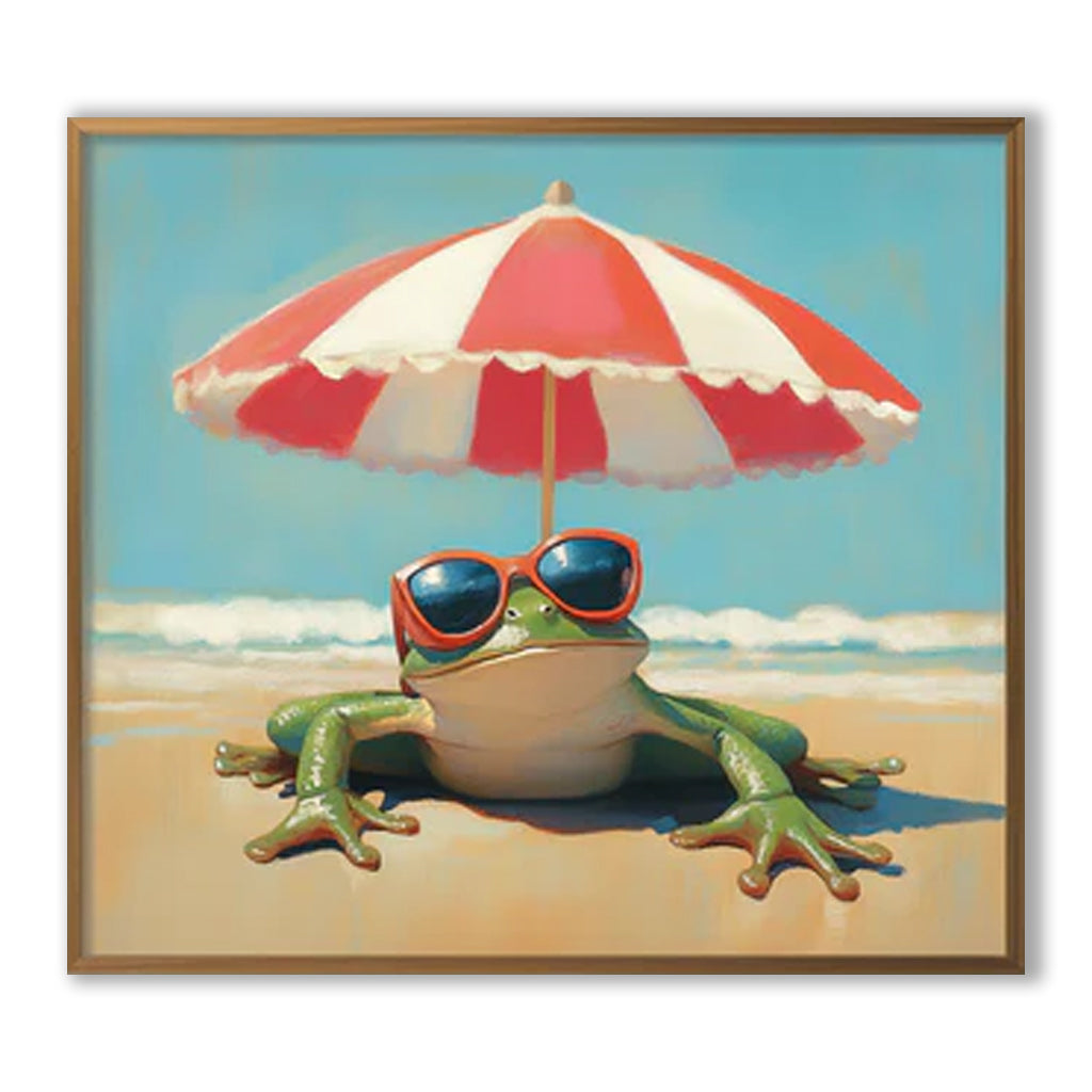 Funny Frog on Beach with Sunglasses & Striped Umbrella - Whimsical Coastal Oil Painting, Playful Wall Art for Living Room & Beach-Themed Spaces