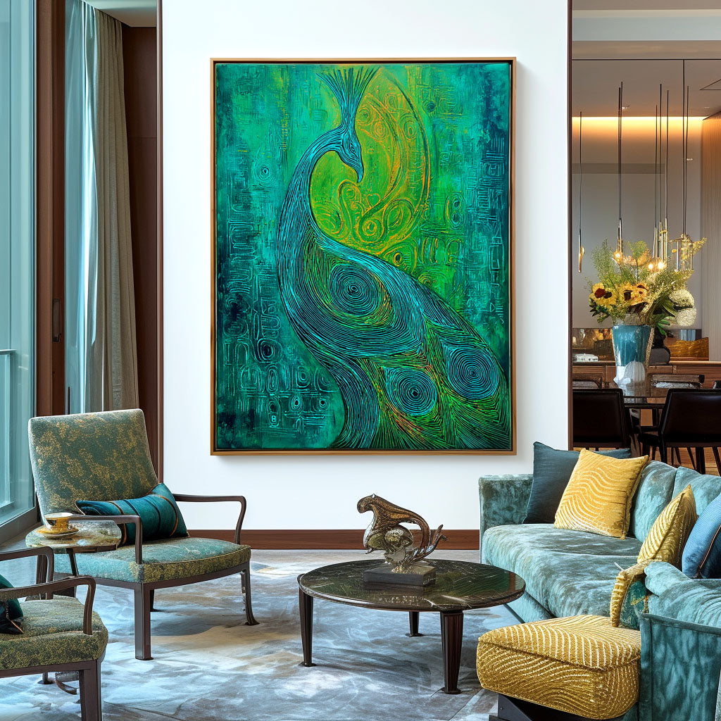 Emerald Muse - Textured Blue and Green Peacock Oil Painting