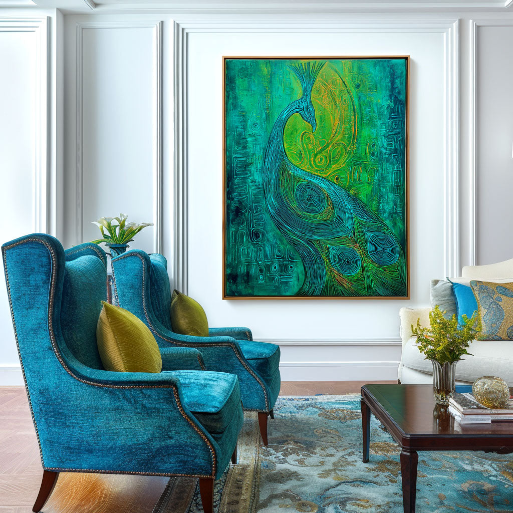Emerald Muse - Textured Blue and Green Peacock Oil Painting