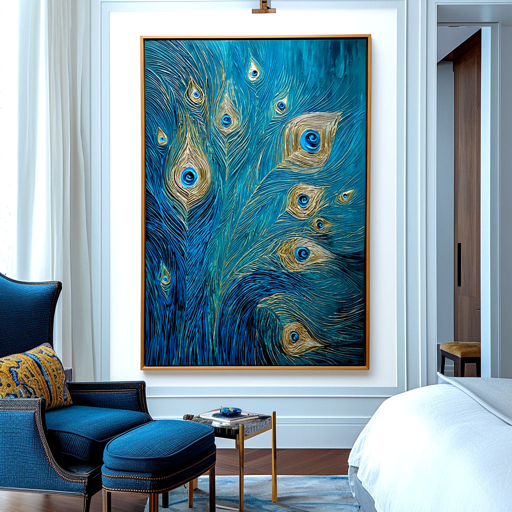 Gilded Whisper - Textured Blue and Gold Feather Oil Painting