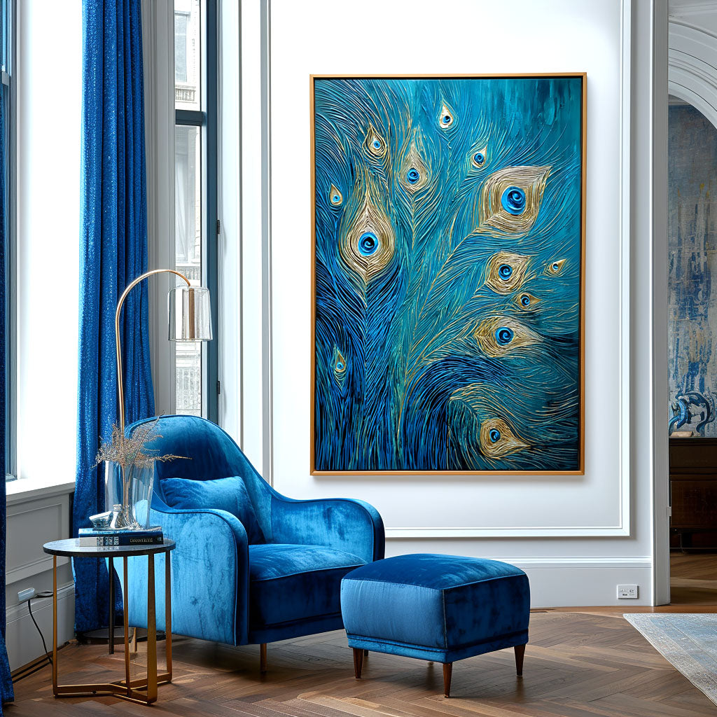 Gilded Whisper - Textured Blue and Gold Feather Oil Painting