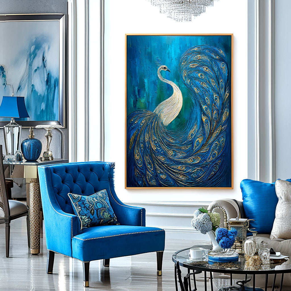 Luminous Tail - Textured Blue and Gold Peacock Oil Painting