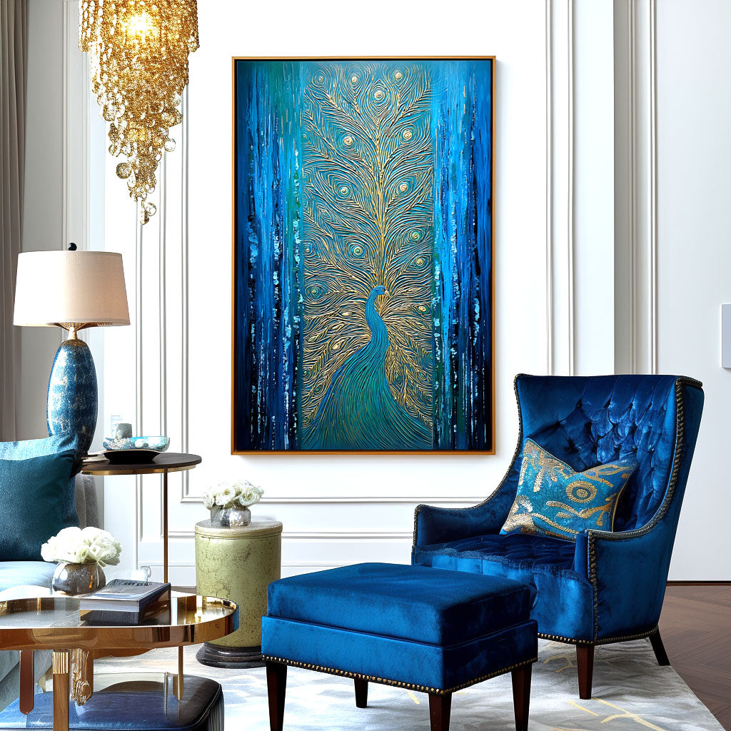 Majestic Gleam - Textured Blue and Gold Peacock Oil Painting