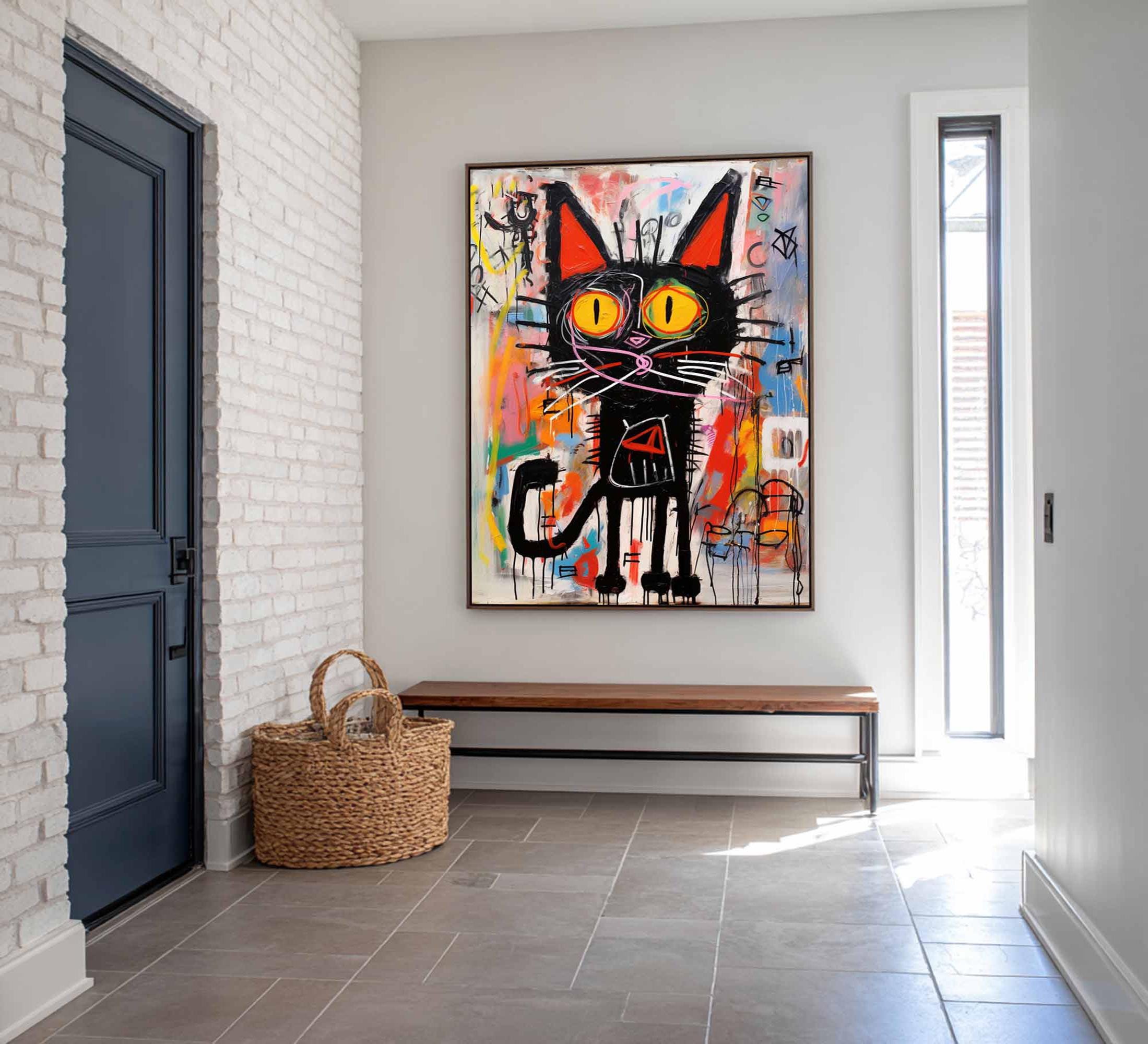 Neon Feline – Vibrant Graffiti Art Black Cat Wall Decor, Street Style Modern Art
