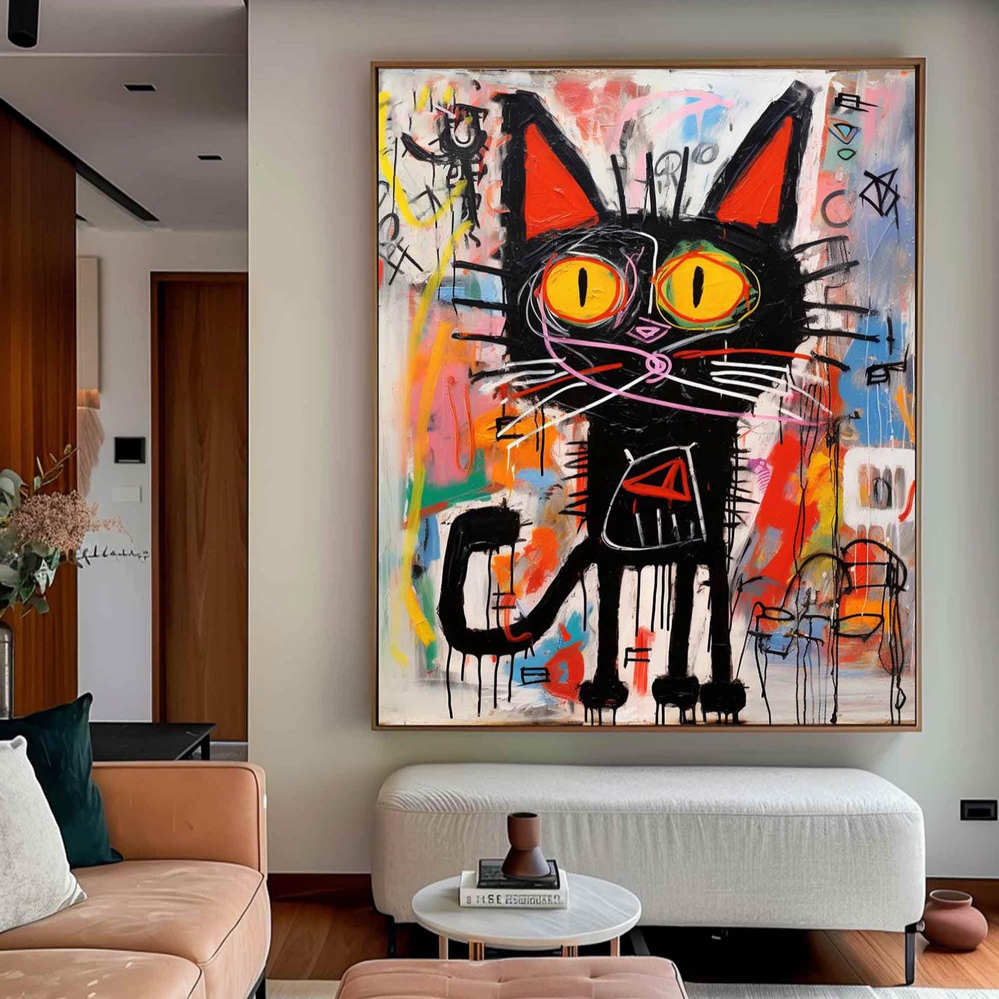 Neon Feline – Vibrant Graffiti Art Black Cat Wall Decor, Street Style Modern Art