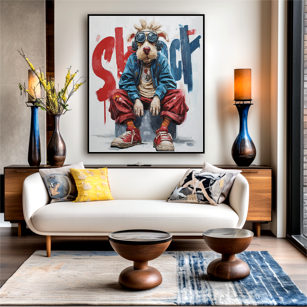 Chill Mode – Pop Art Dog Oil Painting, Urban Street Style Animal Wall Art for Modern Interiors
