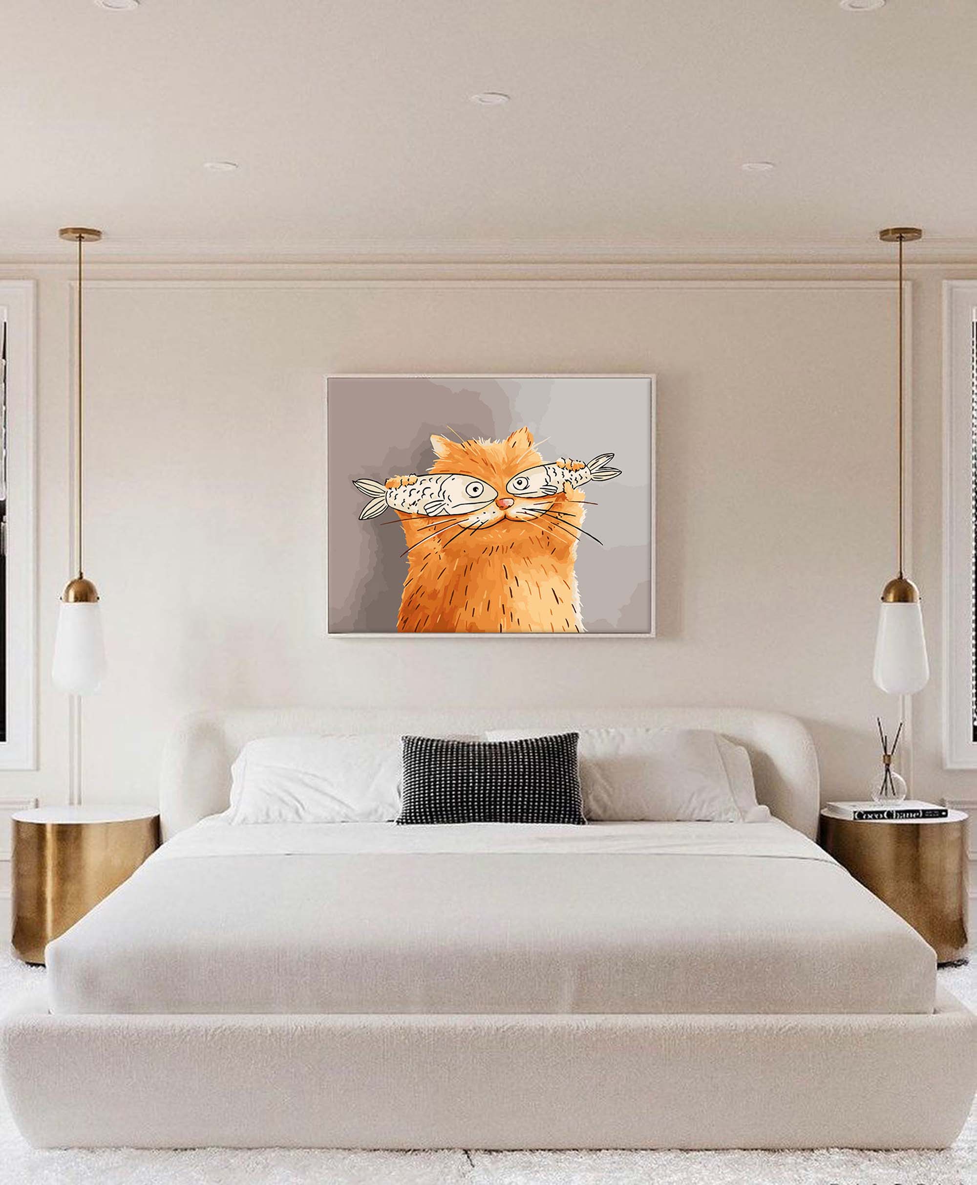 Whimsical Cat with Fish Art Print