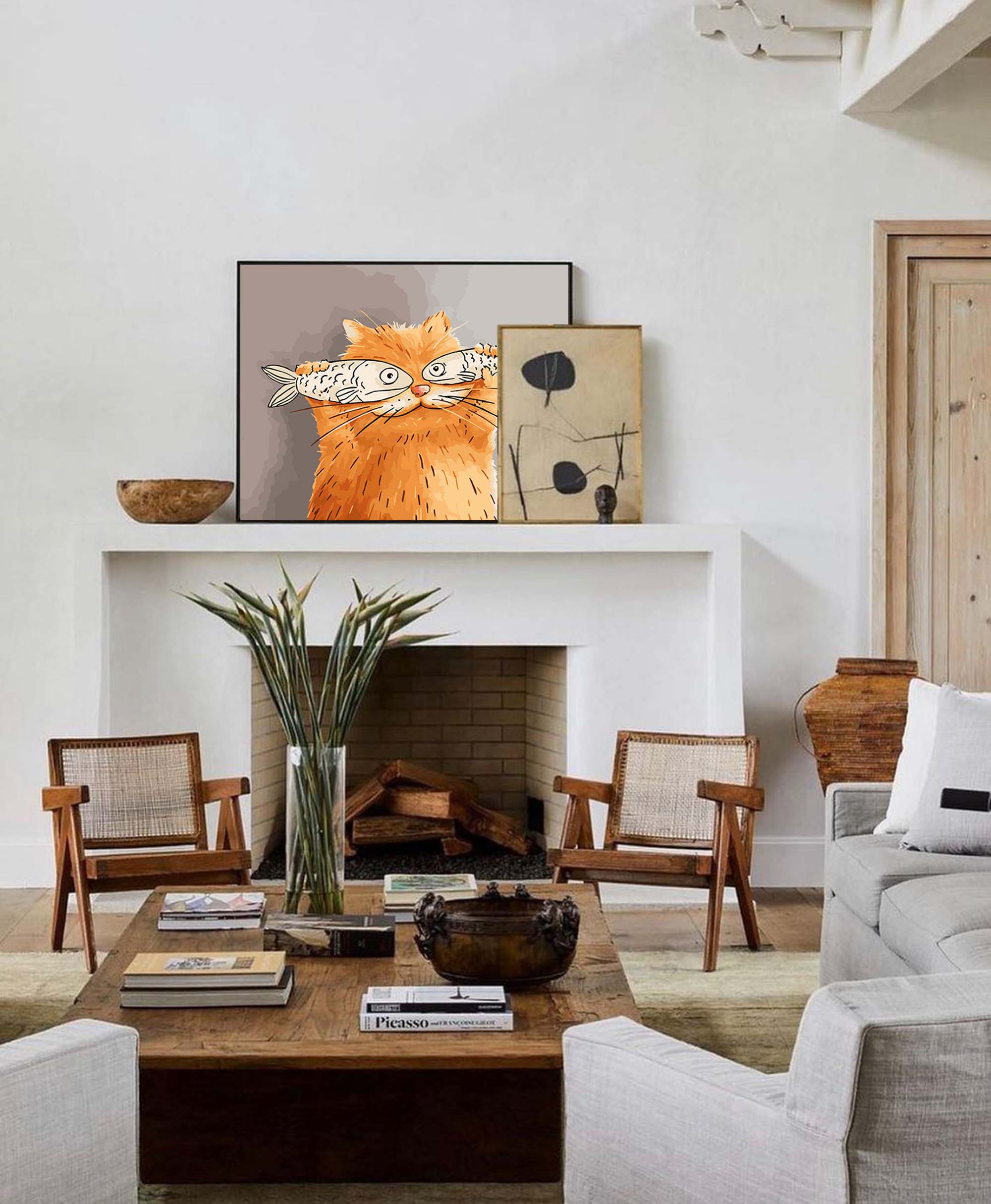 Whimsical Cat with Fish Art Print